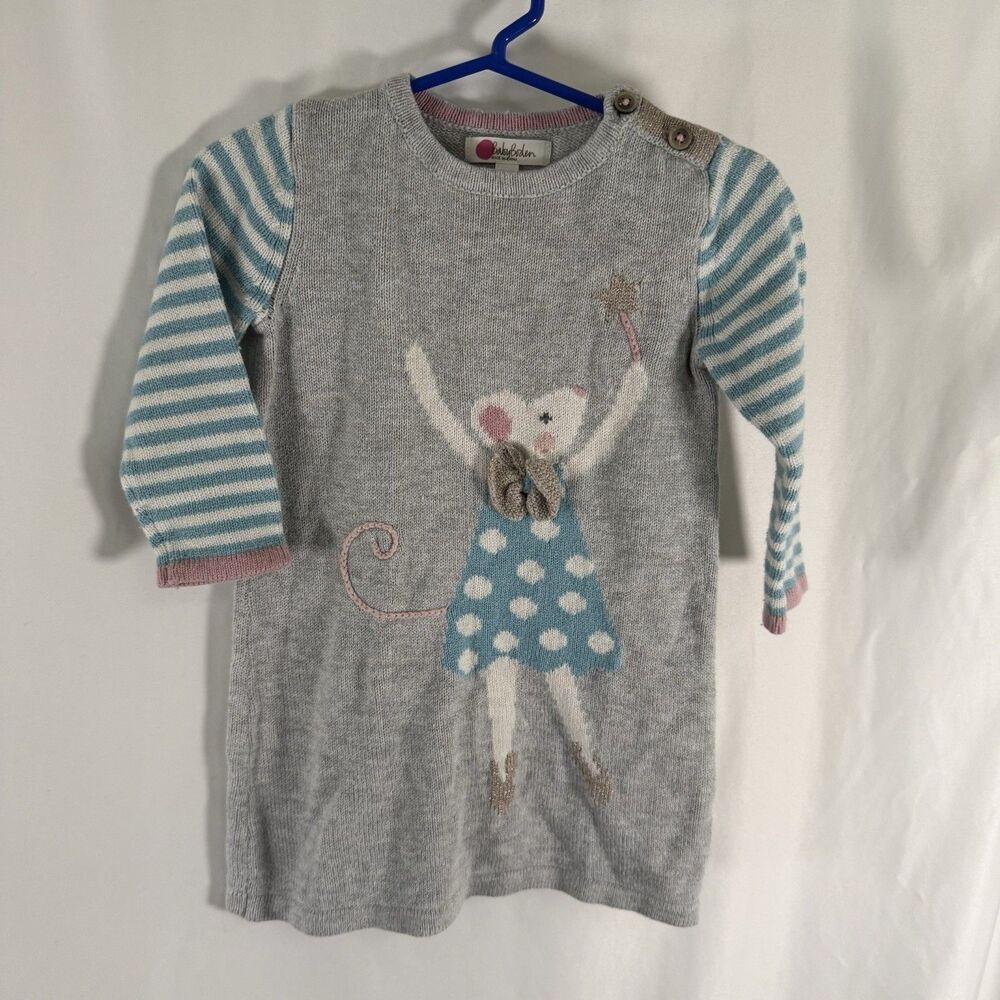 Baby Boden Sweater Dress Baby 12-18 Months Grey Knit Mouse Bow Long Sleeve